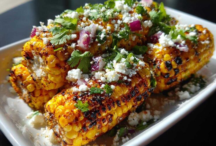 Close-up of grilled corn cobs seasoned and topped with crumbled cheese, cilantro, and red onion, resembling Mexican street corn salad.