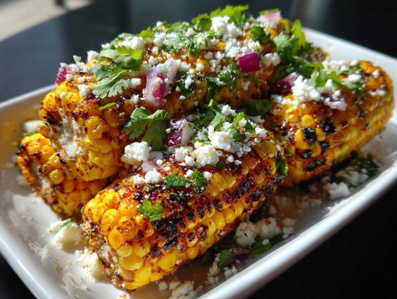 Close-up of grilled corn cobs seasoned and topped with crumbled cheese, cilantro, and red onion, resembling Mexican street corn salad.