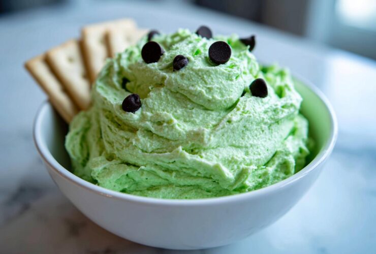 A bowl of bright green Grinch dip topped with chocolate chips, served with crackers on the side.