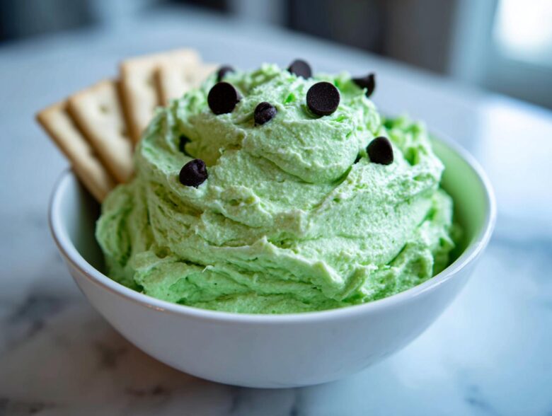 A bowl of bright green Grinch dip topped with chocolate chips, served with crackers on the side.