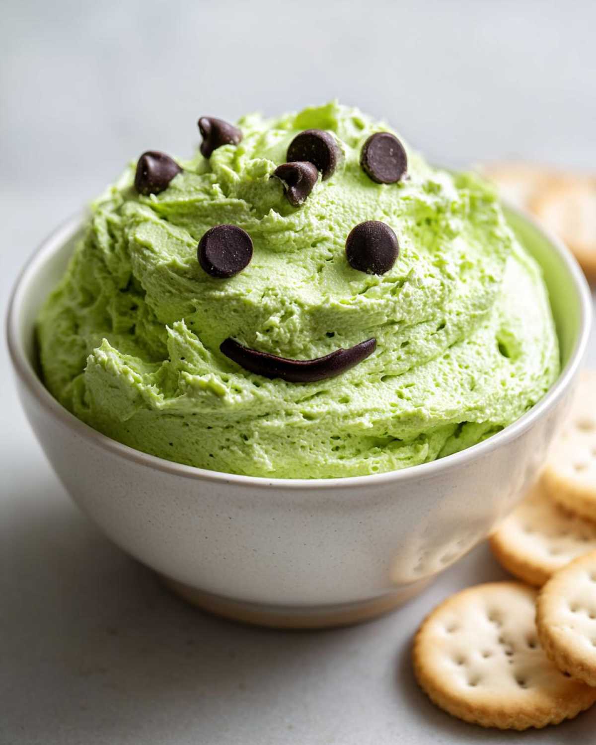 A bowl of bright green Grinch dip decorated with chocolate chip eyes and a chocolate smile, served with crackers.