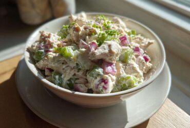 A bowl filled with creamy high protein chicken salad featuring chunks of chicken, green celery, and red onion, garnished with chives.