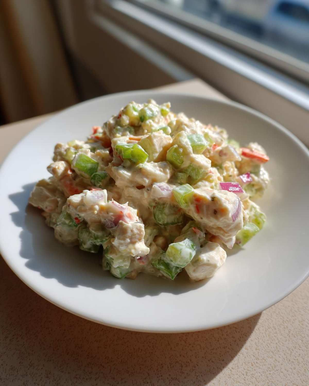 A mound of creamy high protein chicken salad featuring chunks of chicken, green celery, and red onion on a white plate.