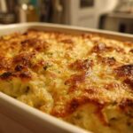 Close-up of a golden-brown, bubbly top of The Homemade Broccoli Cheese Rice Casserole in a white baking dish.