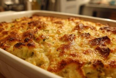 Close-up of a golden-brown, bubbly top of The Homemade Broccoli Cheese Rice Casserole in a white baking dish.