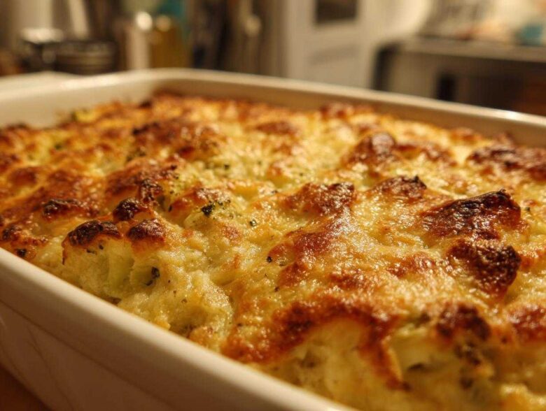Close-up of a golden-brown, bubbly top of The Homemade Broccoli Cheese Rice Casserole in a white baking dish.