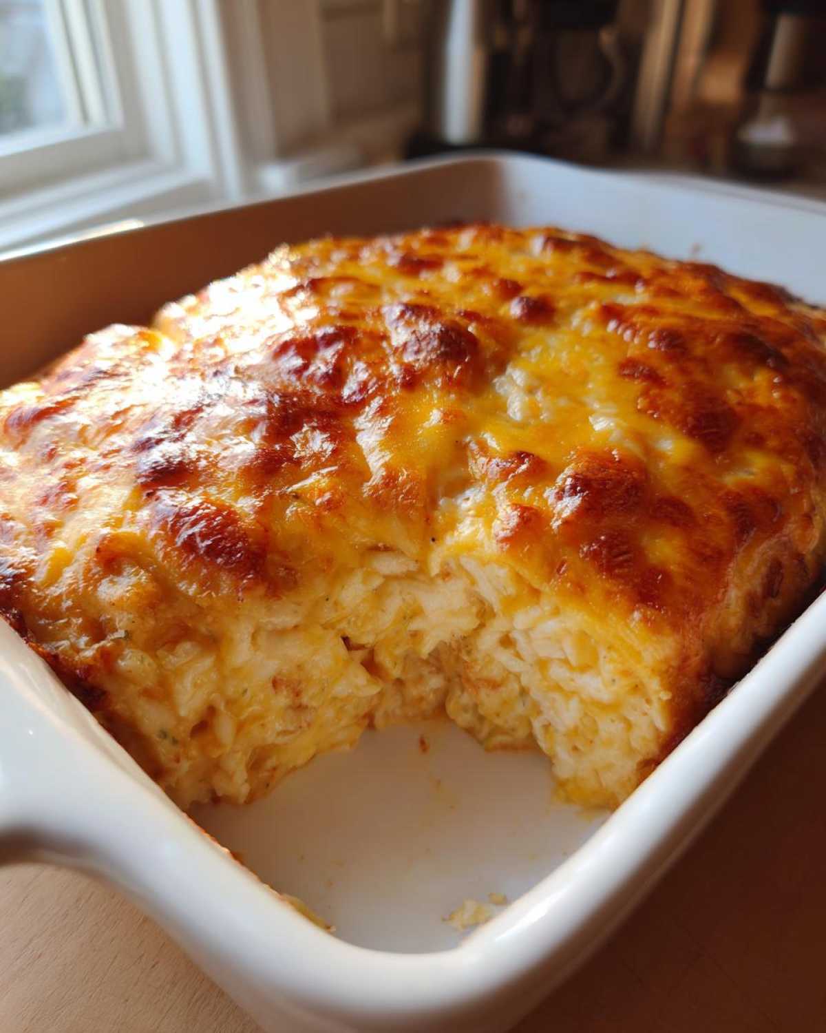 A close-up of The Homemade Broccoli Cheese Rice Casserole in a white dish with a portion removed, showing the cheesy rice interior.