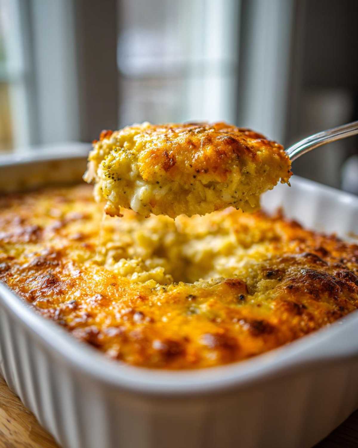 A spoonful of creamy, baked Homemade Broccoli Cheese Rice Casserole lifted from the dish, showing a golden, cheesy crust.