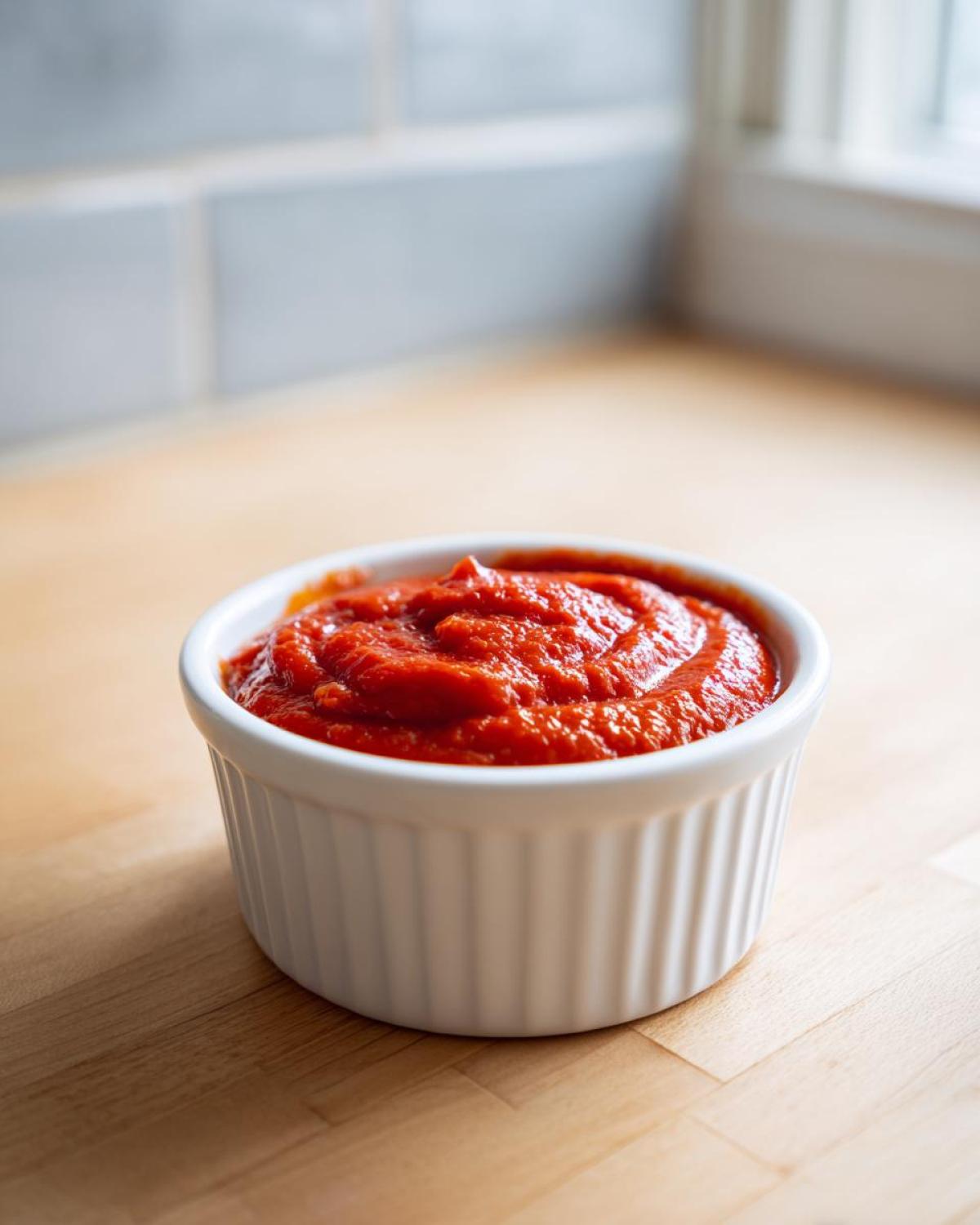 A small white ramekin filled with thick, bright red homemade cocktail sauce recipe sitting on a light wooden countertop.