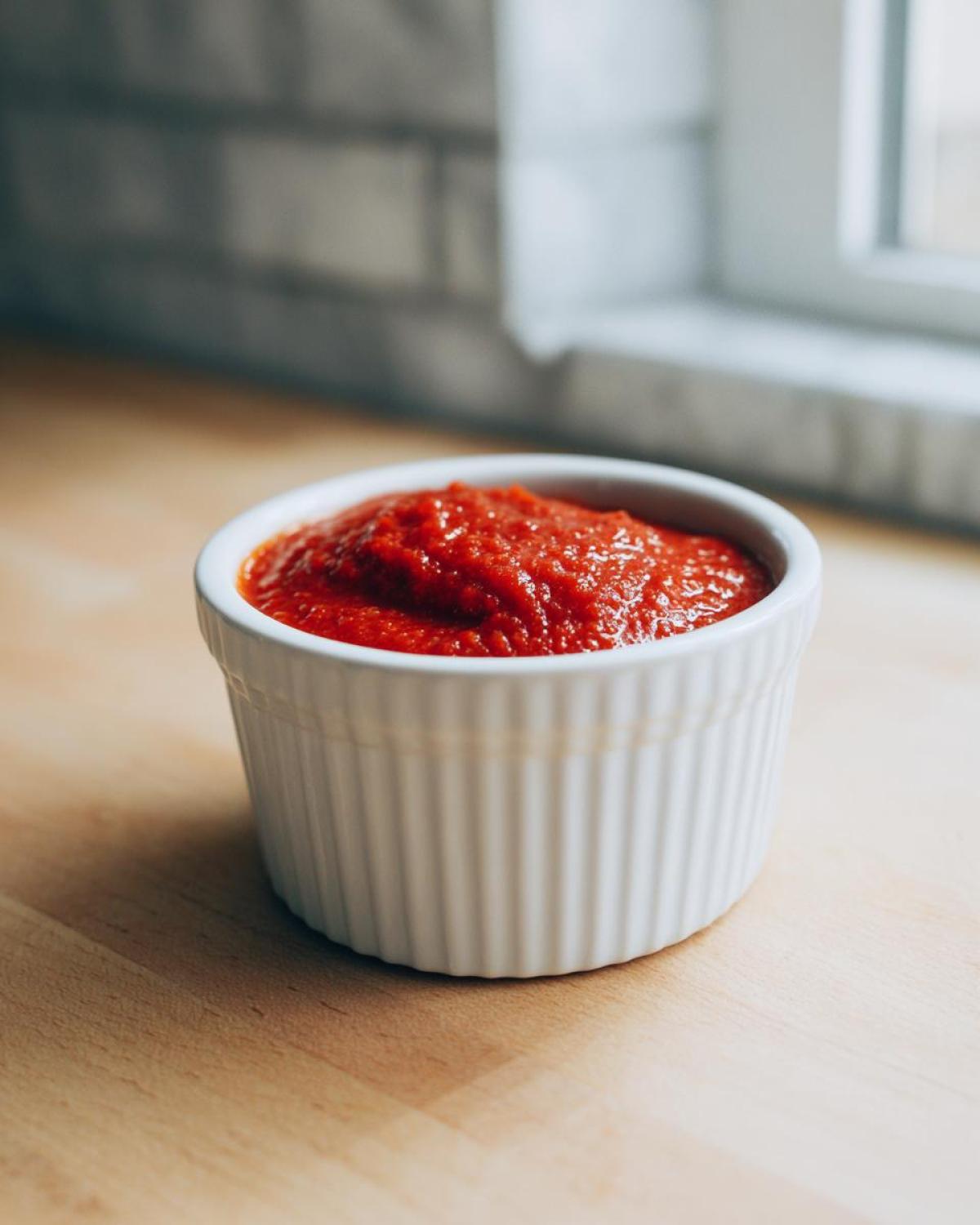 A small white ramekin filled with vibrant red homemade cocktail sauce recipe, resting on a wooden counter.