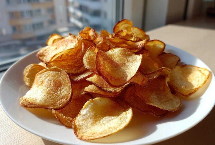 A generous pile of golden, crispy homemade potato chips served on a white plate near a window.