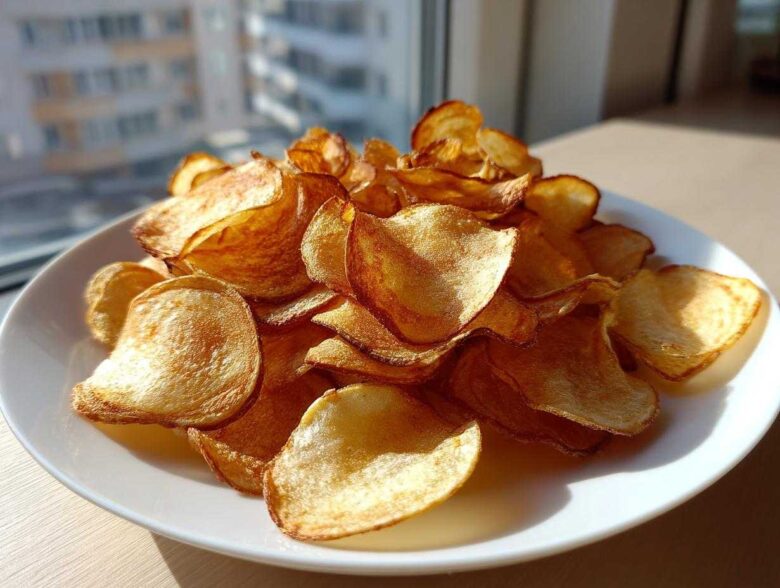 A generous pile of golden, crispy homemade potato chips served on a white plate near a window.