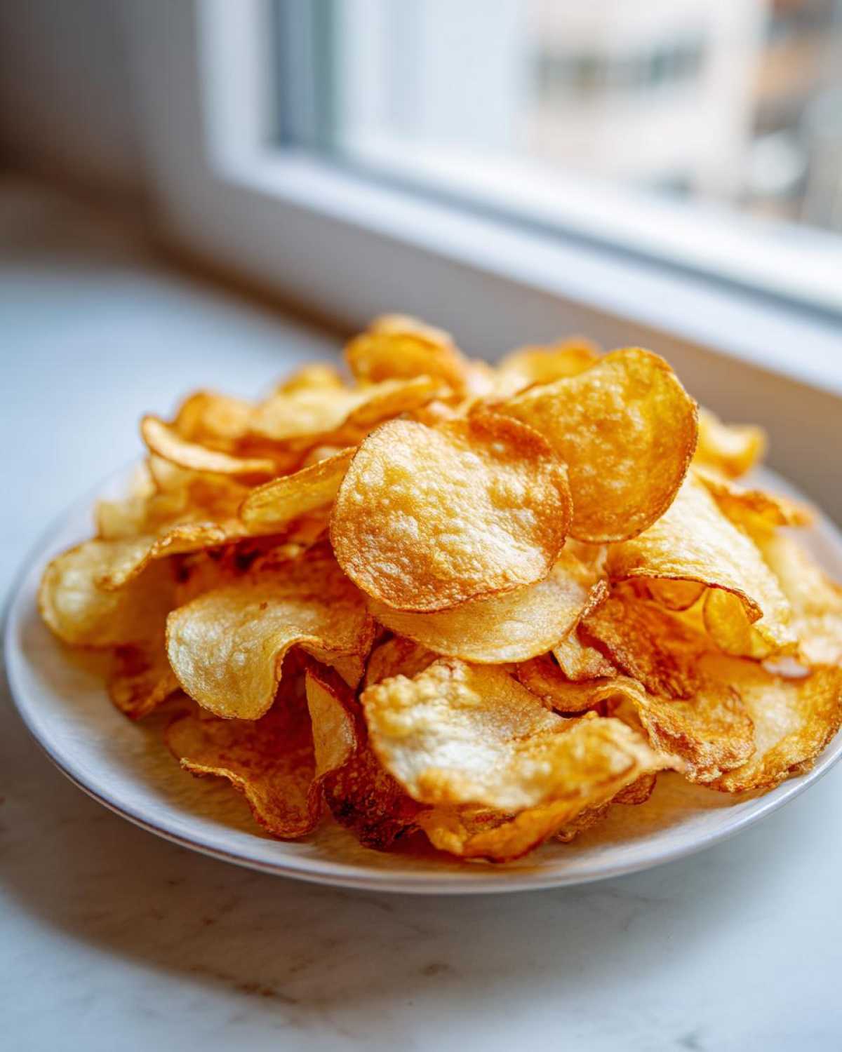 A close-up of a generous pile of golden, crispy homemade potato chips served on a small white plate.