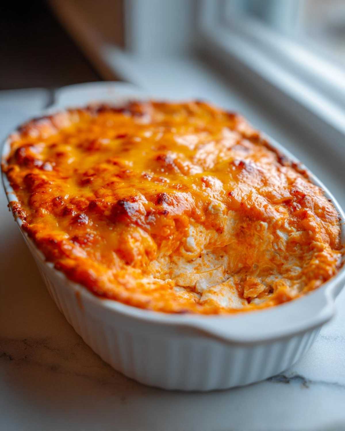 Close-up of a baked cottage cheese buffalo chicken dip with a bubbly, melted orange cheese topping in a white oval dish.