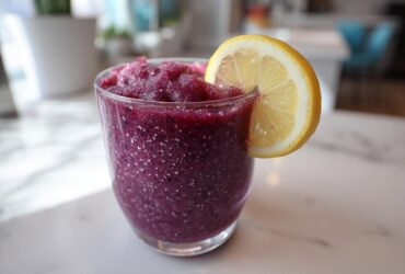 Close-up of a vibrant, deep purple Iced Blueberry Lemonade Slush garnished with a fresh lemon slice.