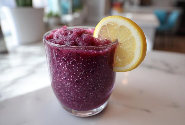 Close-up of a vibrant, deep purple Iced Blueberry Lemonade Slush garnished with a fresh lemon slice.