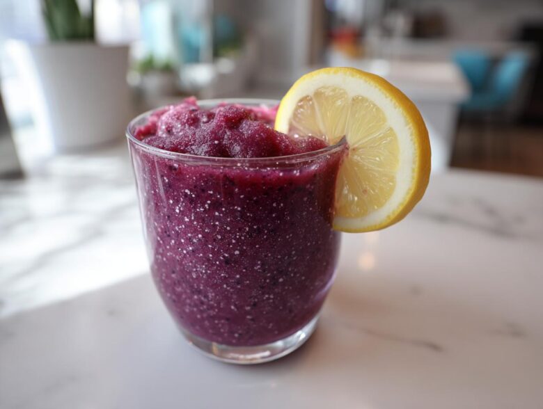 Close-up of a vibrant, deep purple Iced Blueberry Lemonade Slush garnished with a fresh lemon slice.