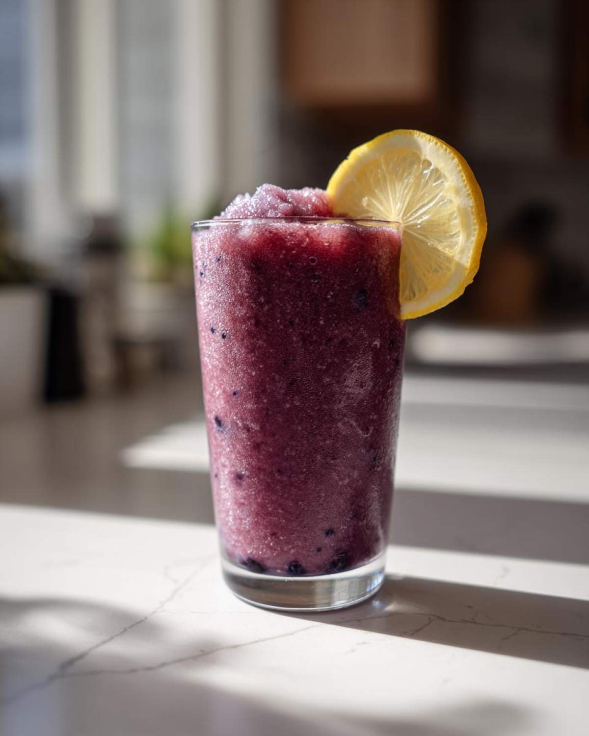 A tall glass filled with a vibrant purple Iced Blueberry Lemonade Slush, garnished with a lemon slice.