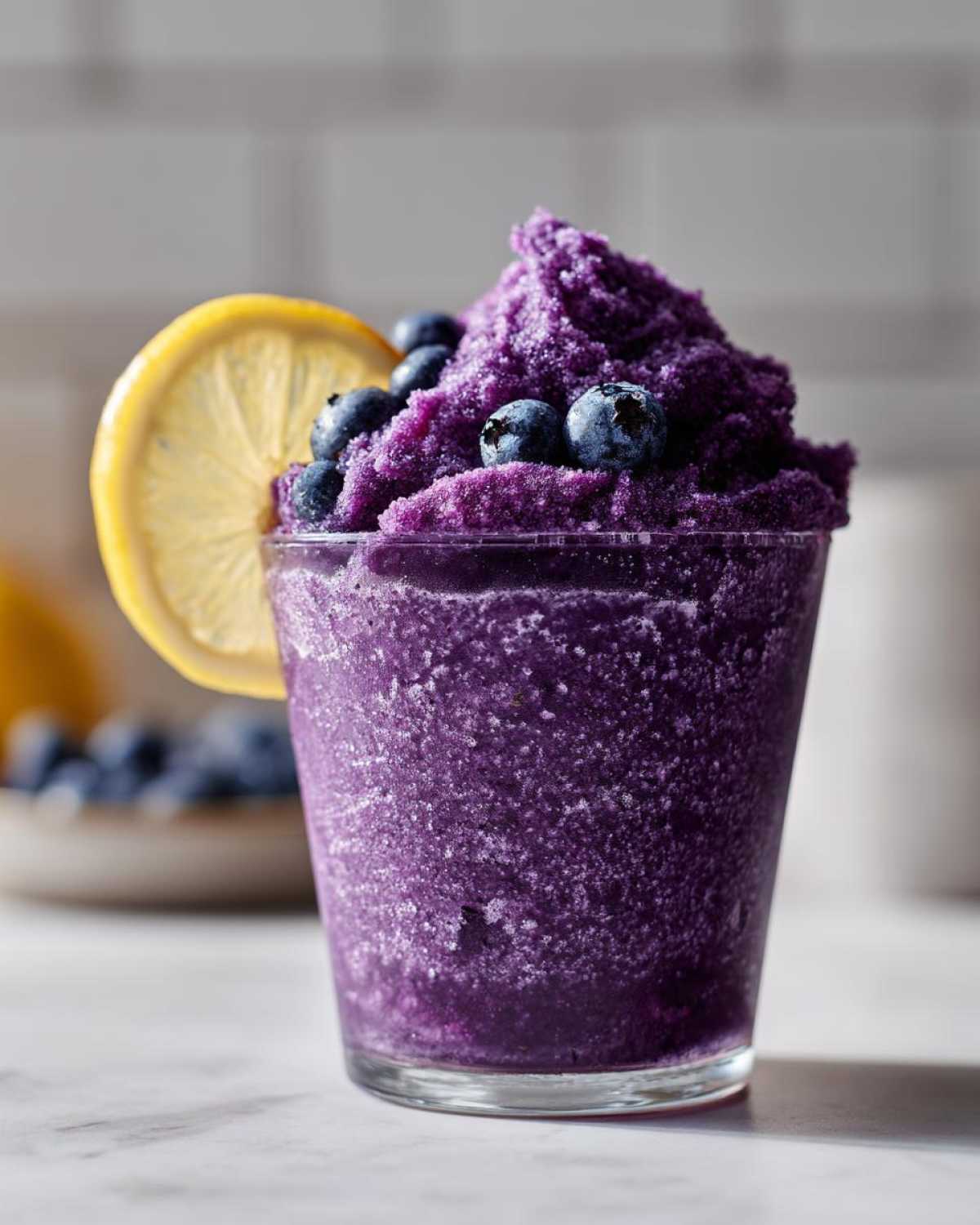 Close-up of a vibrant purple Iced Blueberry Lemonade Slush topped with fresh blueberries and a lemon slice.