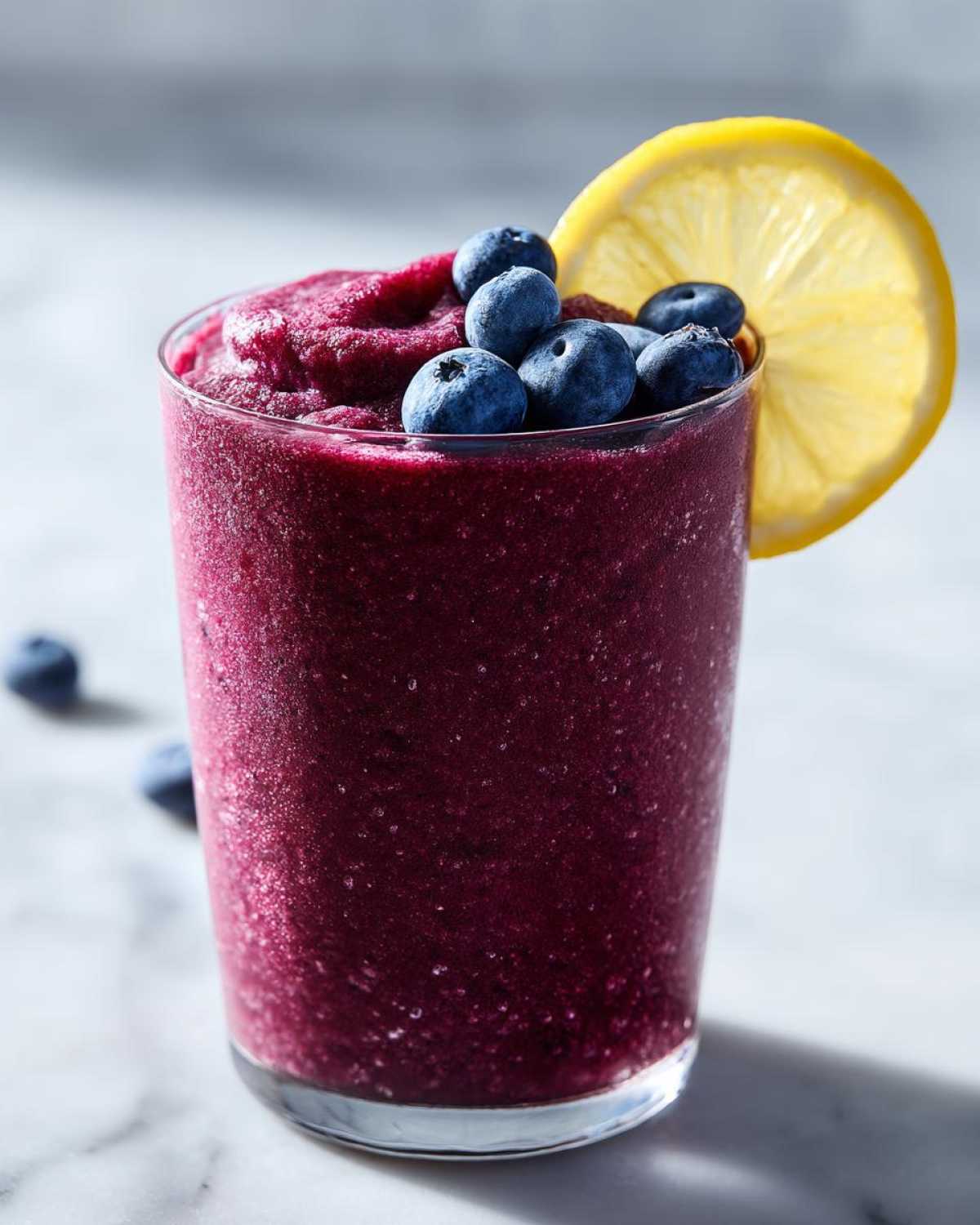 A vibrant, deep purple Iced Blueberry Lemonade Slush topped with fresh blueberries and a lemon slice.