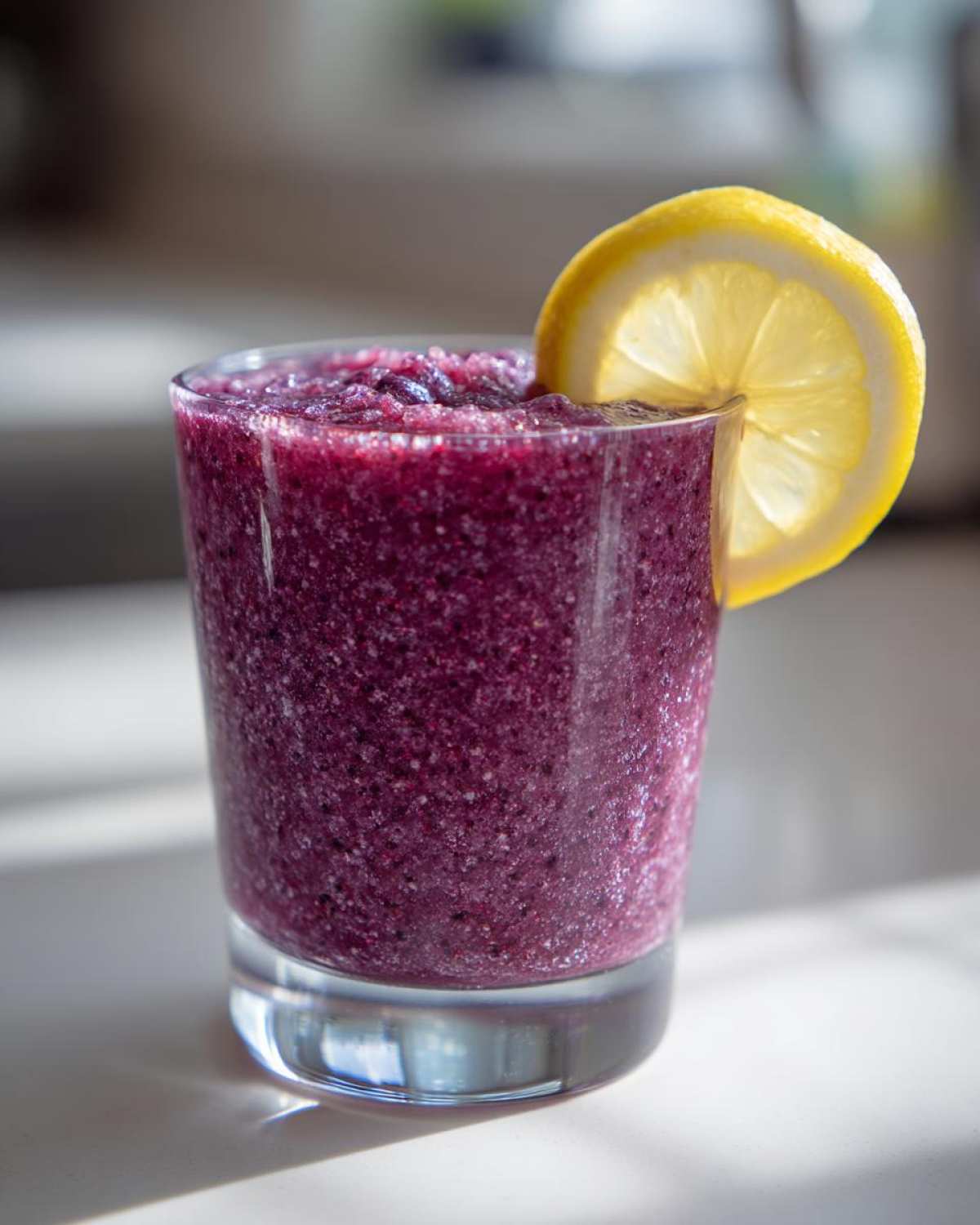 Close-up of a vibrant, icy Iced Blueberry Lemonade Slush garnished with a fresh lemon slice.