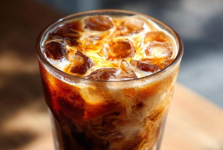Close-up of a tall glass filled with Iced Brown Sugar Cinnamon Cold Brew, showing ice cubes and swirling cream/milk.