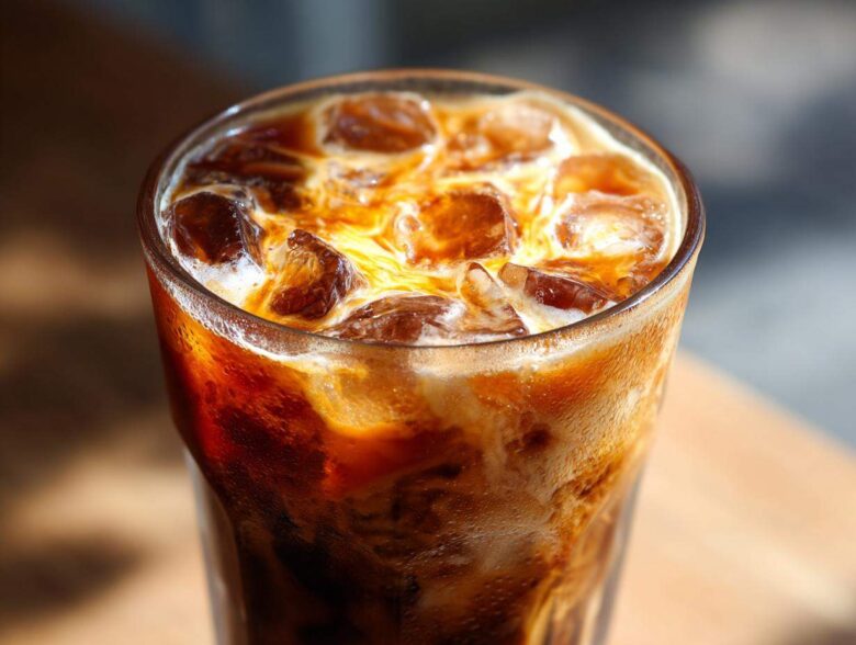 Close-up of a tall glass filled with Iced Brown Sugar Cinnamon Cold Brew, showing ice cubes and swirling cream/milk.
