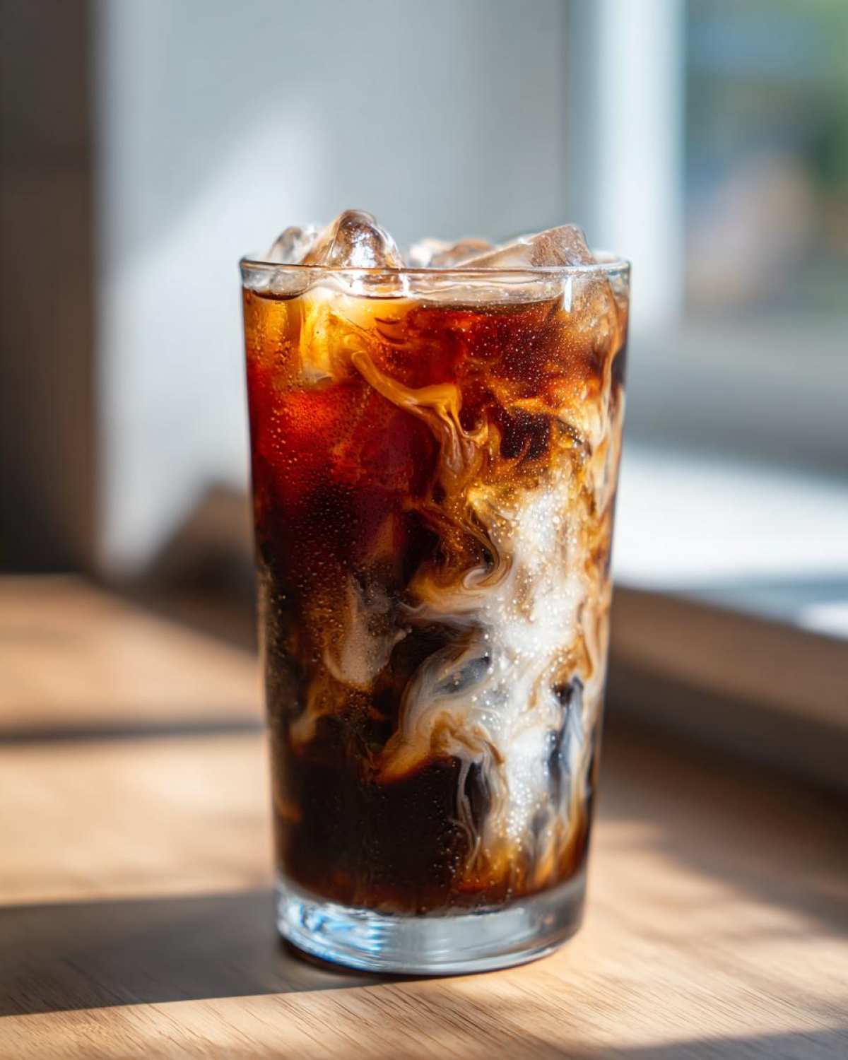 Close-up of Iced Brown Sugar Cinnamon Cold Brew with cream swirling into the dark coffee and ice cubes.