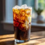 A tall glass of Iced Brown Sugar Cinnamon Cold Brew with cream swirling into the dark coffee over ice.