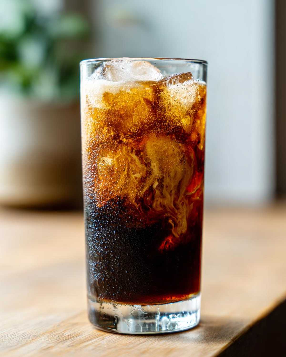 Close-up of Iced Brown Sugar Cinnamon Cold Brew with cream swirling into the dark coffee over ice.