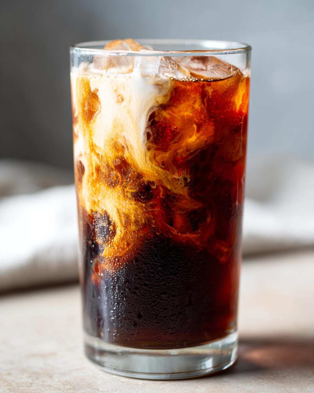 Close-up of Iced Brown Sugar Cinnamon Cold Brew with cream swirling into the dark coffee and ice cubes.