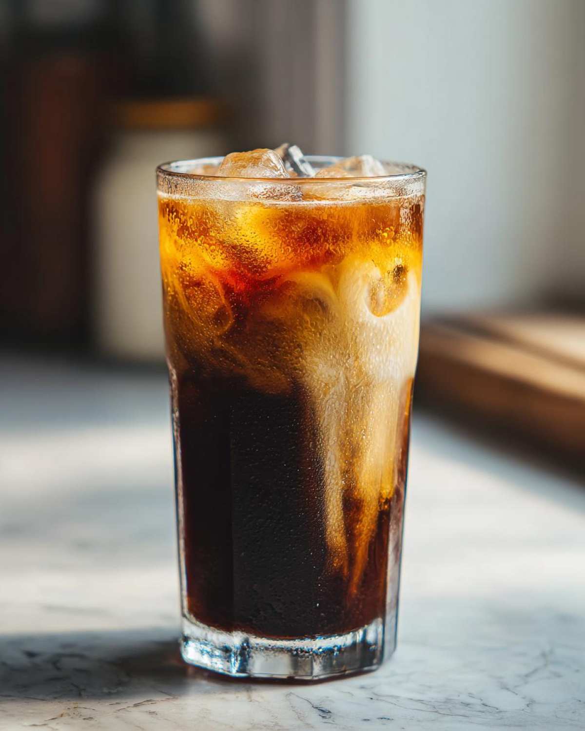A tall glass showing the swirling layers of dark cold brew coffee and creamy milk/sweetener for an Iced Brown Sugar Cinnamon Cold Brew.