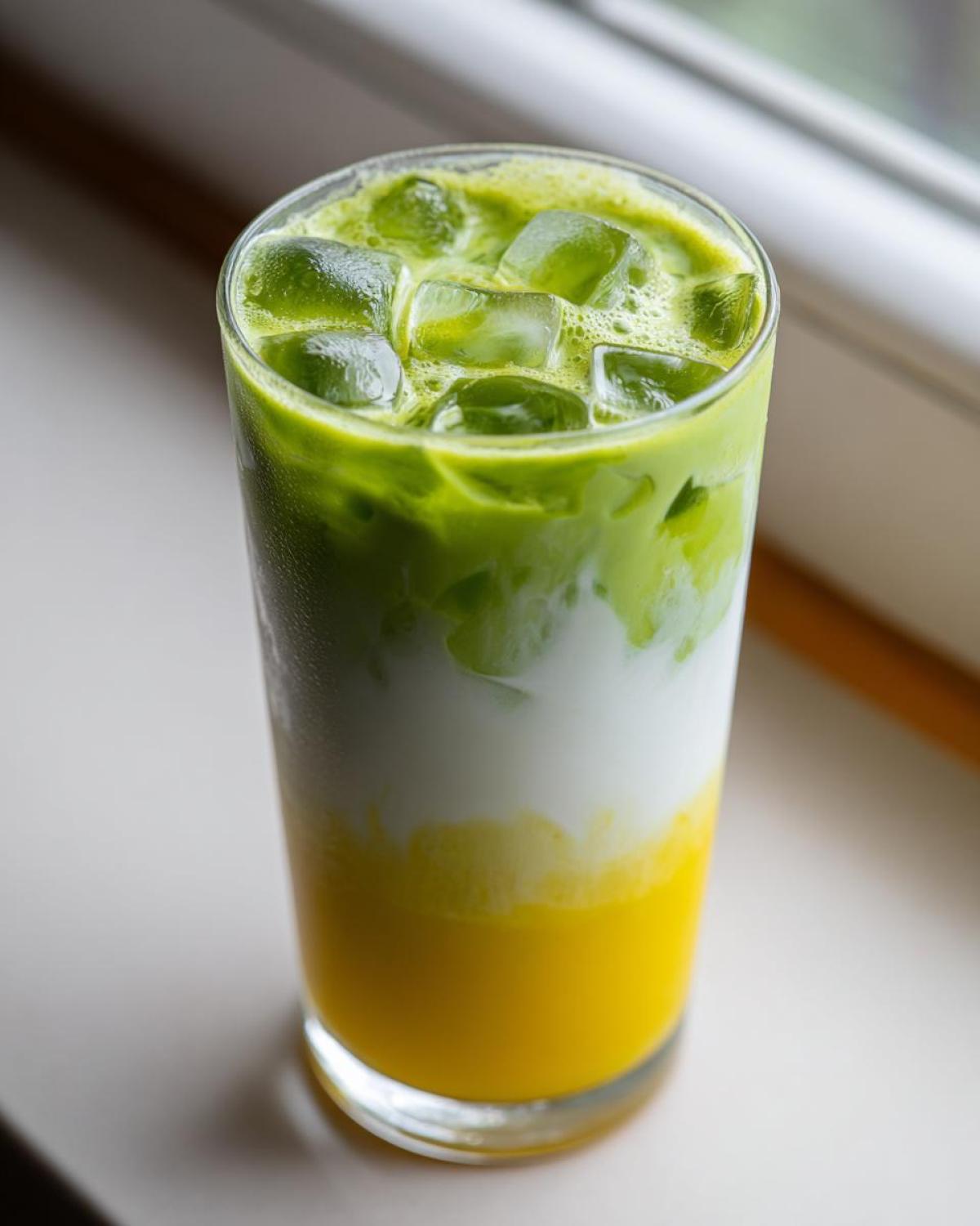 Close-up of a tall glass containing a layered Iced Mango Coconut Matcha drink with bright yellow mango puree, white coconut milk, and green matcha.