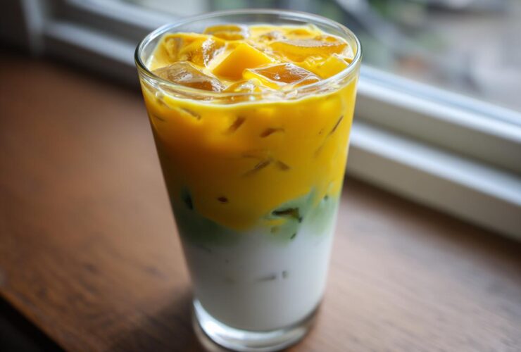 A tall glass showing the layers of an Iced Mango Coconut Matcha drink: white coconut milk base, green matcha layer, and bright yellow mango topping with ice.