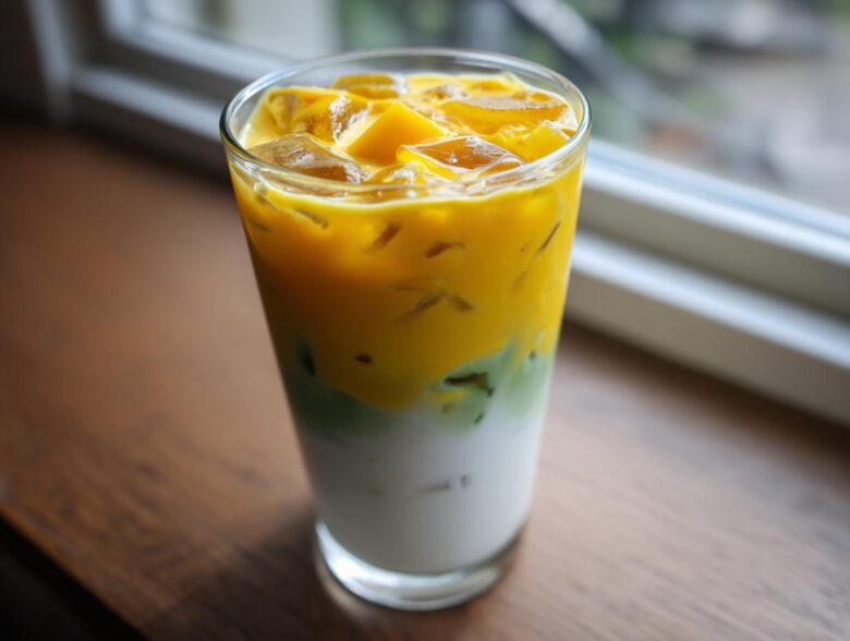 A tall glass showing the layers of an Iced Mango Coconut Matcha drink: white coconut milk base, green matcha layer, and bright yellow mango topping with ice.