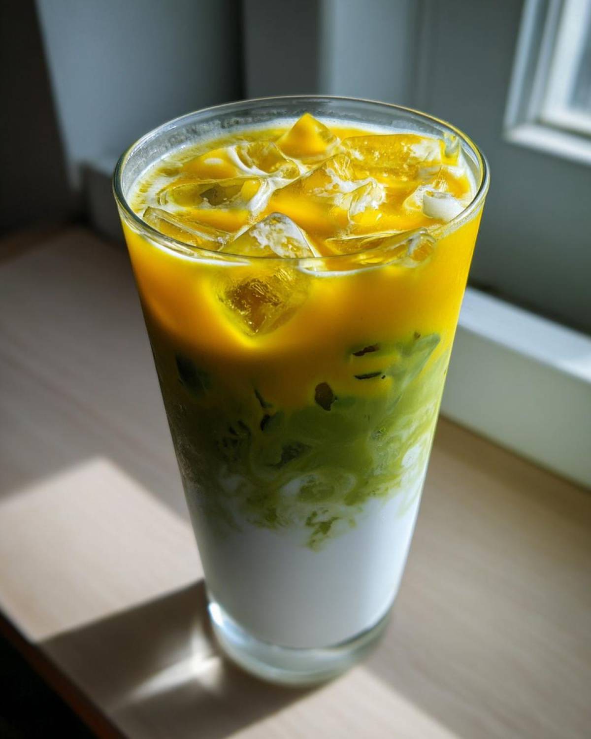 A tall glass showcasing the layered Iced Mango Coconut Matcha with white milk at the bottom, green matcha swirl, and bright yellow mango topping over ice.