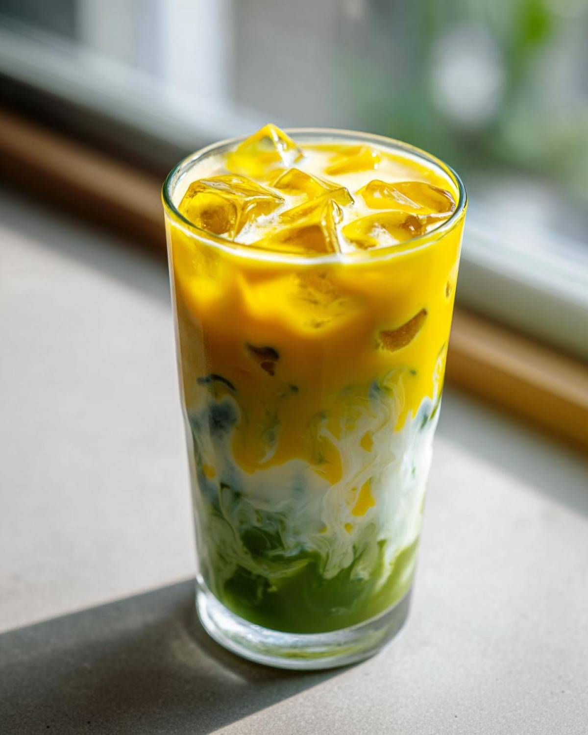 A tall glass of layered Iced Mango Coconut Matcha showing vibrant green matcha, white coconut milk, and yellow mango puree over ice.