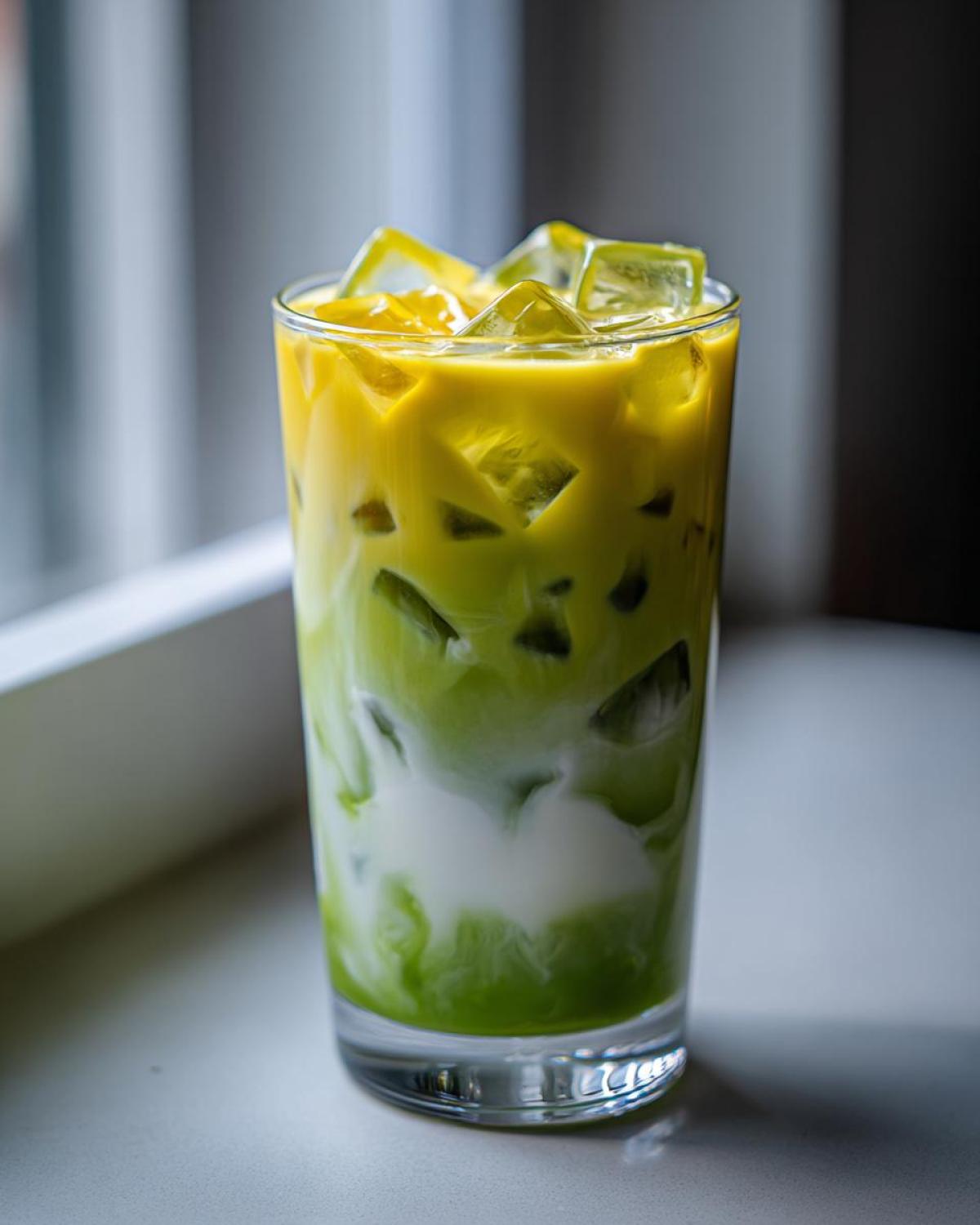 A tall glass showing vibrant layers of green matcha, white coconut milk, and yellow mango puree, topped with ice cubes, for an Iced Mango Coconut Matcha.