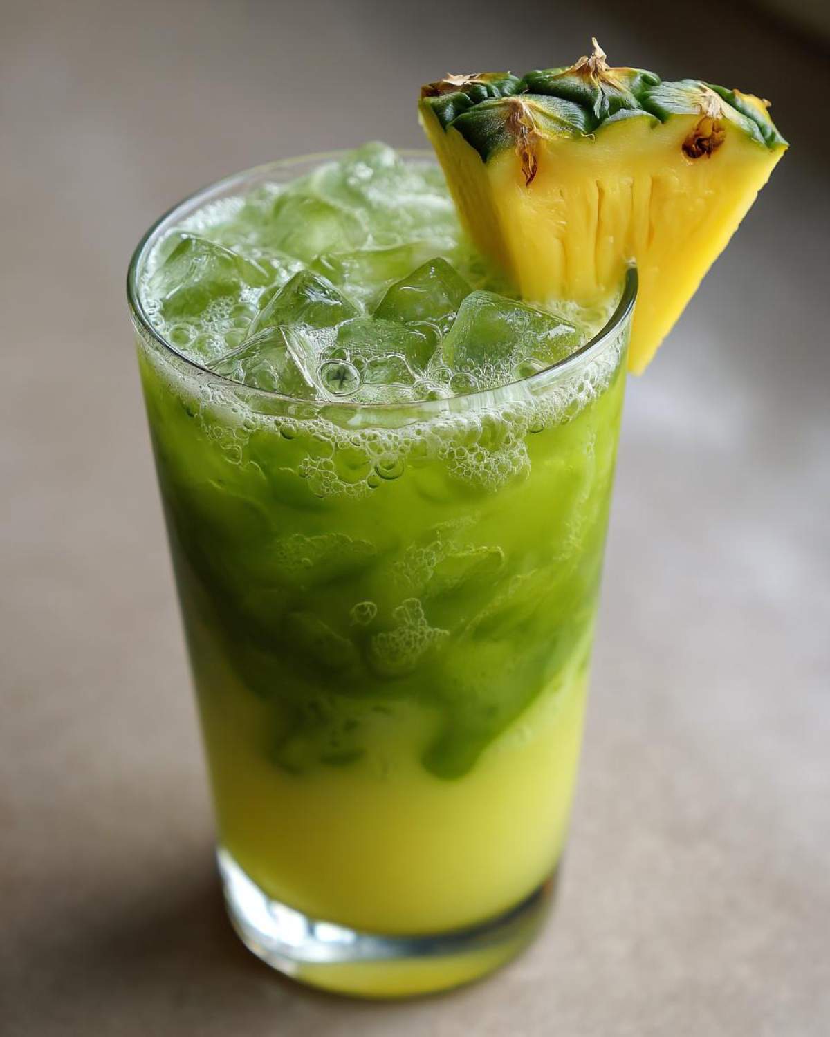 A tall glass filled with an Iced Pineapple Matcha Spritz, showing layered yellow and green liquids, ice cubes, and a pineapple wedge garnish.