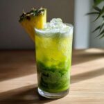A tall glass filled with a vibrant, layered Iced Pineapple Matcha Spritz, garnished with a pineapple wedge.