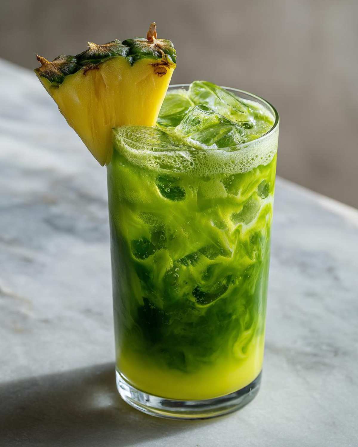 A tall glass filled with a vibrant, layered Iced Pineapple Matcha Spritz, garnished with a fresh pineapple wedge.
