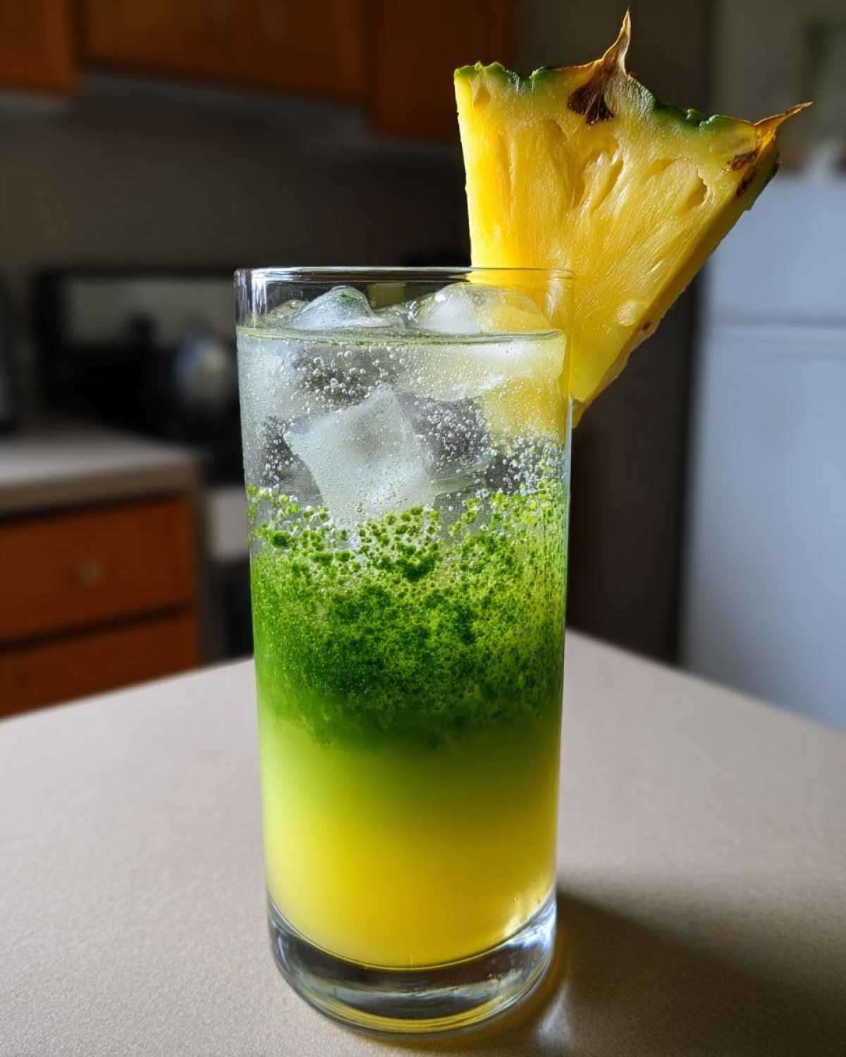 A tall glass of Iced Pineapple Matcha Spritz showing distinct yellow and green layers, garnished with a pineapple wedge.