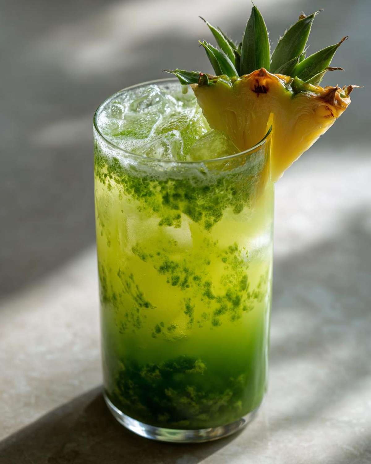 A tall glass filled with an Iced Pineapple Matcha Spritz, showing layered green matcha sediment and garnished with a pineapple wedge.
