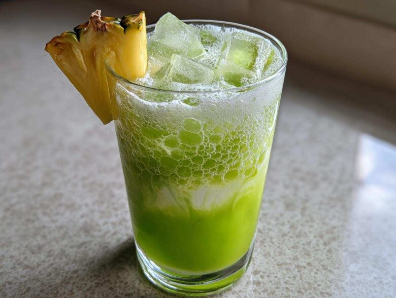 A bright green Iced Pineapple Matcha Spritz served over ice, garnished with a pineapple wedge.