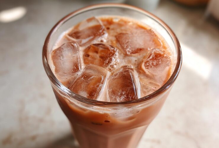 Close-up of a tall glass filled with Iced Raspberry Vanilla Chai and large ice cubes.