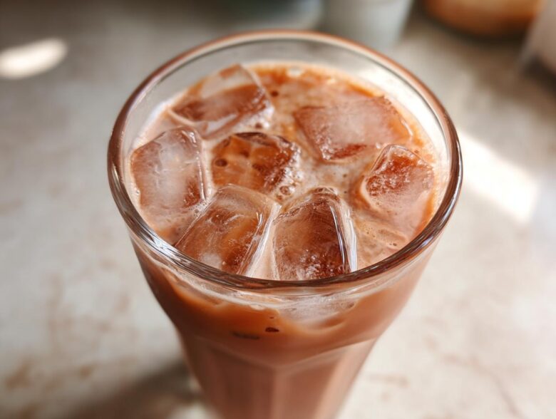 Close-up of a tall glass filled with Iced Raspberry Vanilla Chai and large ice cubes.