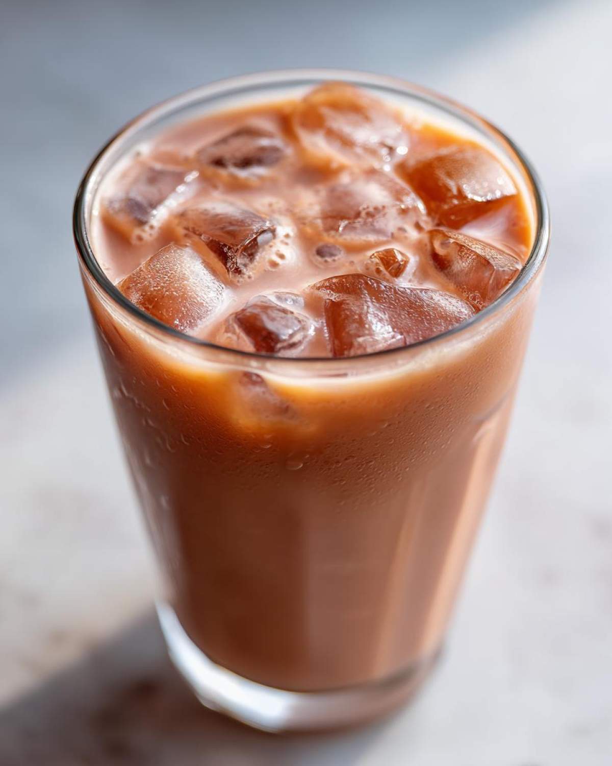 Close-up of a tall glass filled with Iced Raspberry Vanilla Chai and ice cubes, showing condensation on the glass.
