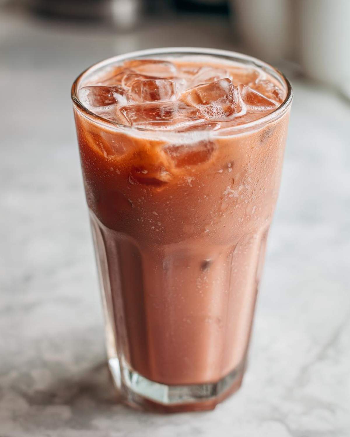 Close-up of a tall glass filled with a frosty Iced Raspberry Vanilla Chai, topped with ice cubes.