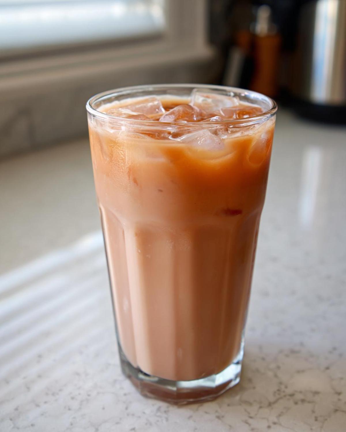A tall glass filled with Iced Raspberry Vanilla Chai, showing creamy layers and ice cubes.