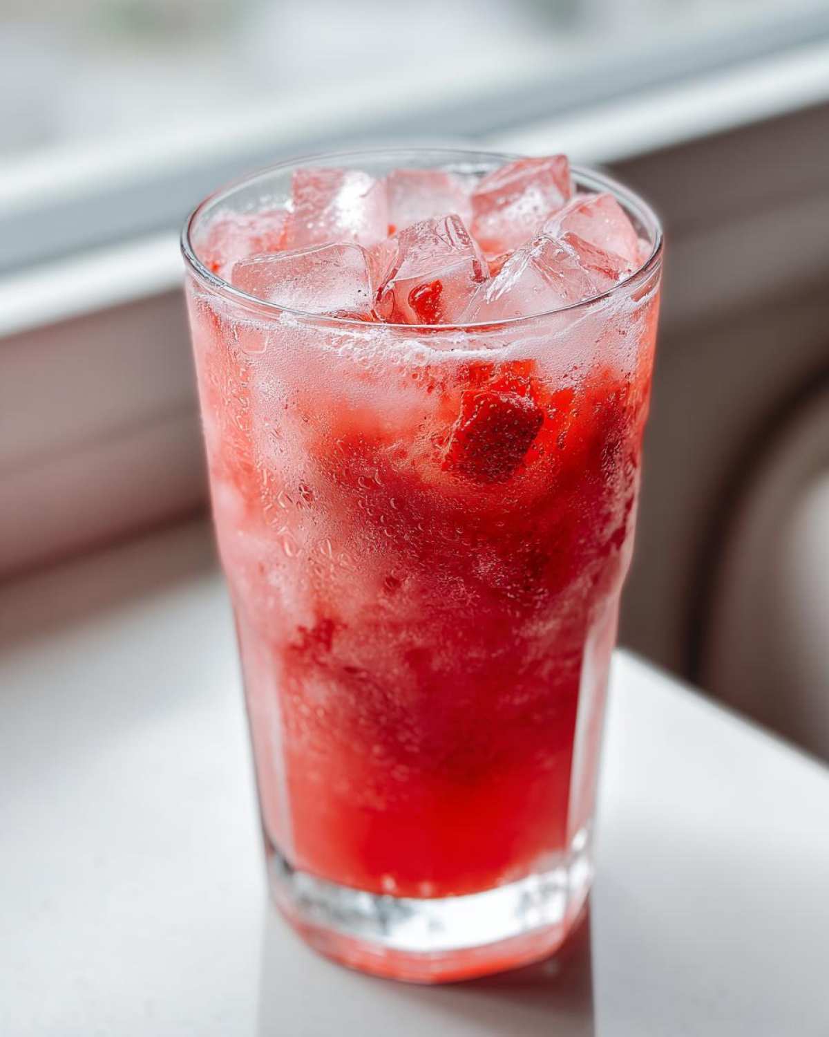 Close-up of a tall, sweating glass filled with vibrant red Iced Strawberry Hibiscus Tea Lemonade and ice cubes.